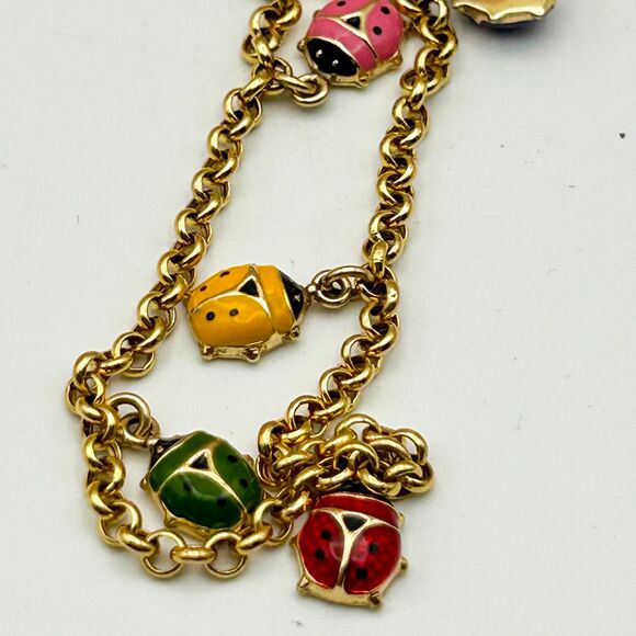 Italian 10k Yellow Gold Rolo Link Charm Bracelet with Enamel Ladybugs - Picture 4 of 7